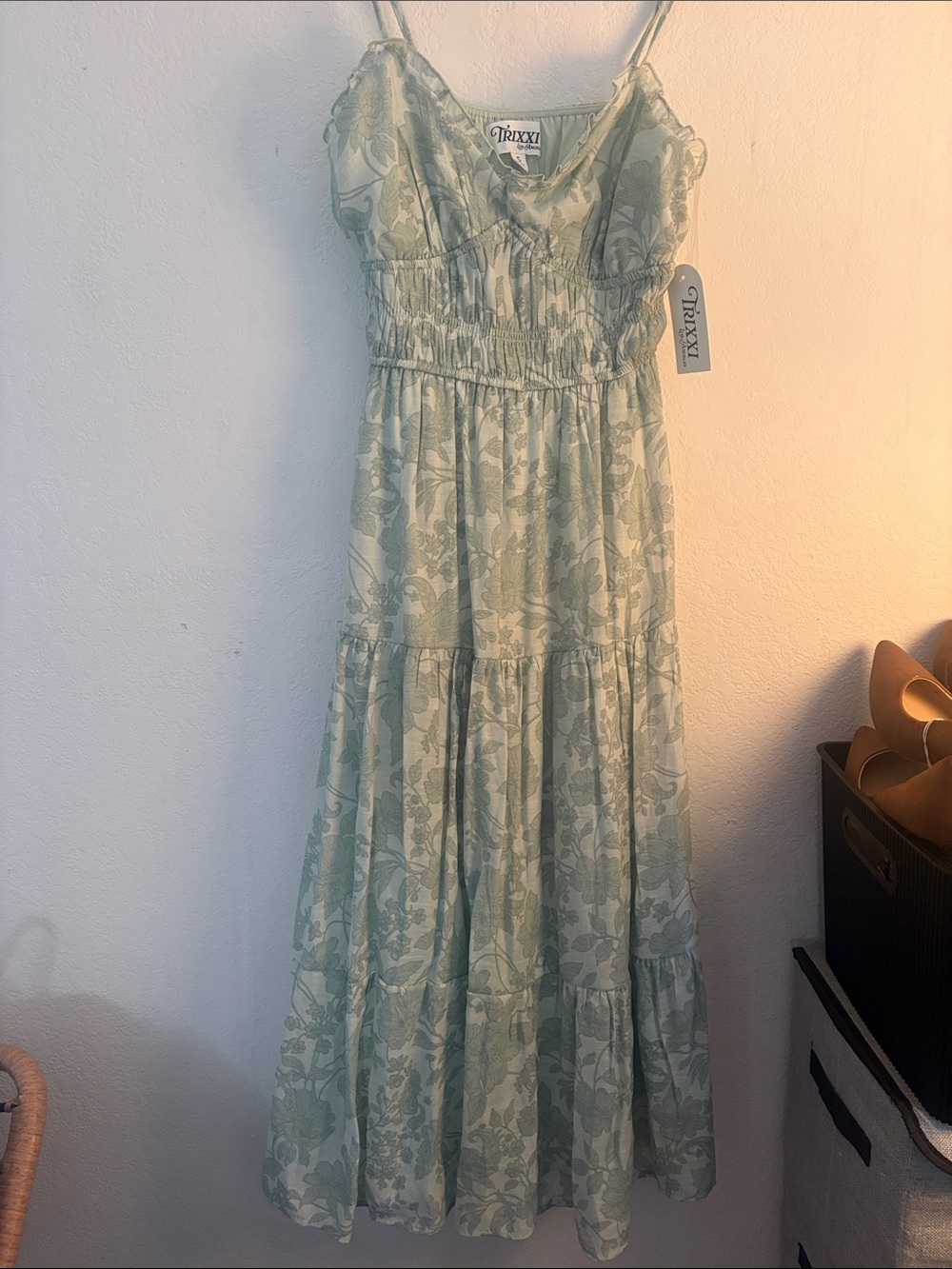 Trixxi Light Sage Floral Smocked Tiered Maxi Dress